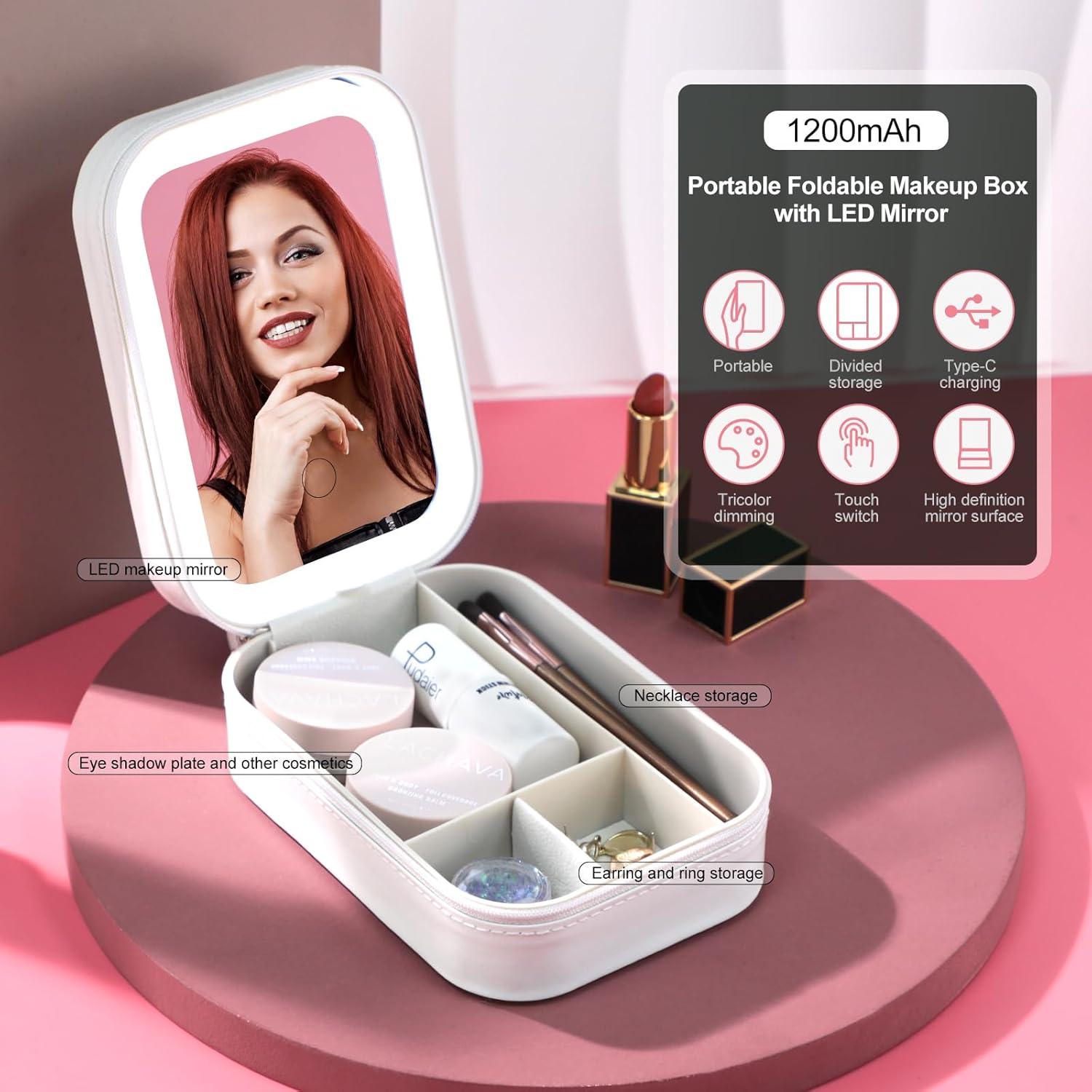 Travel Makeup Box with LED Light Up Mirror